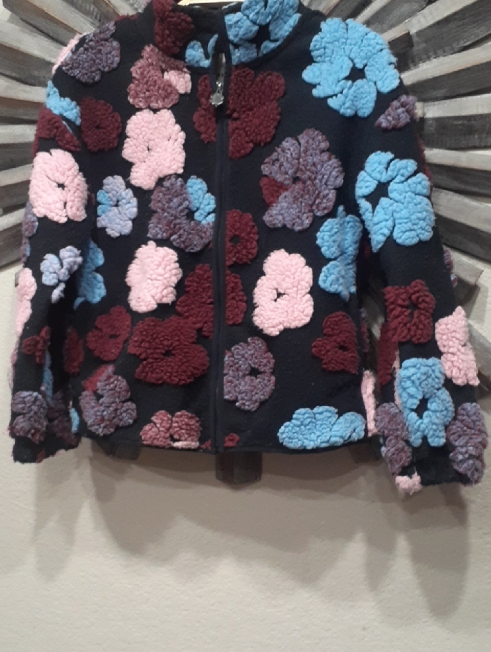 Lucky Brand Black Floral Sherpa Jacket with Pink, Blue & Burgundy Flowers